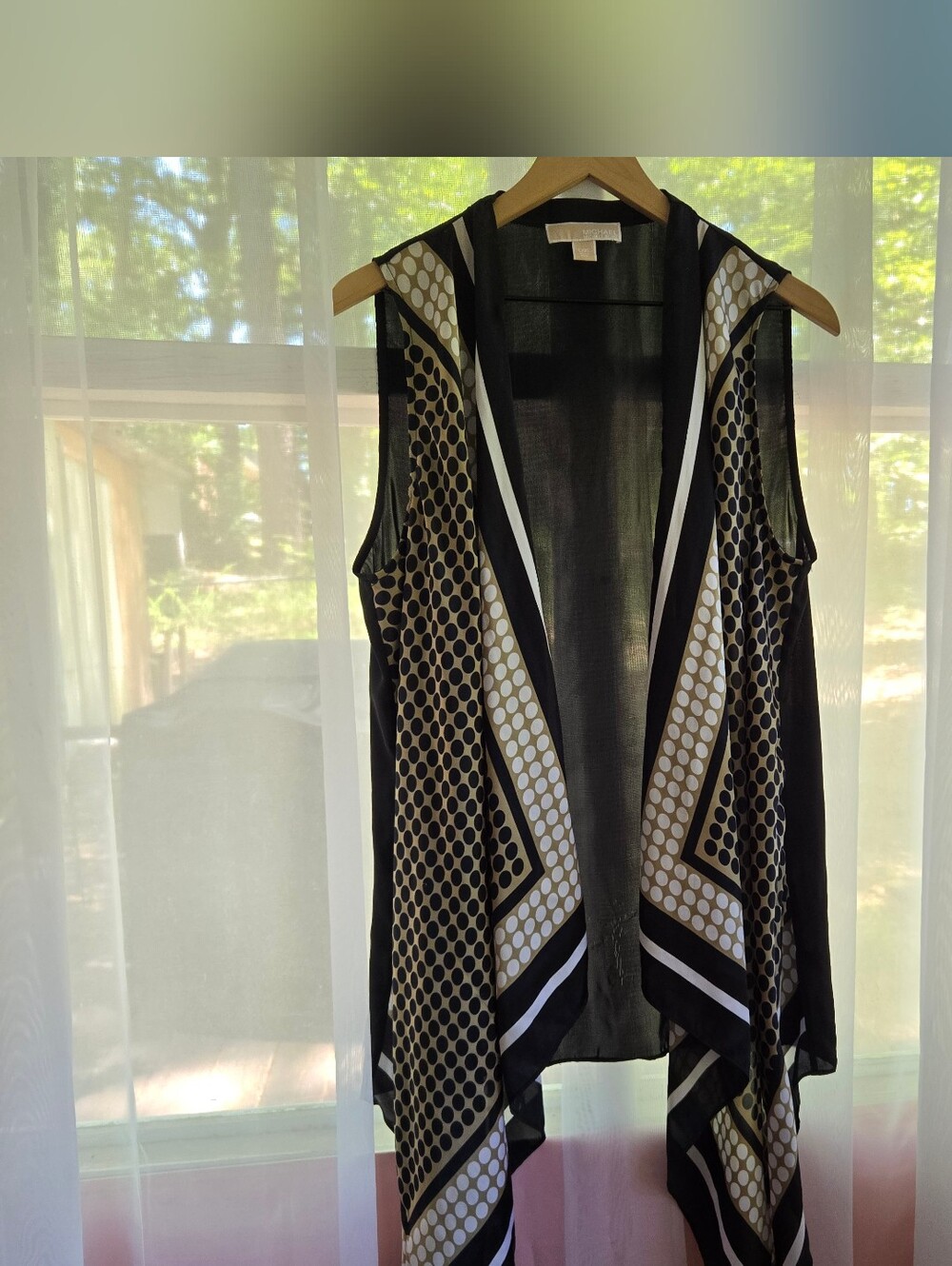 Micheal Kors Sleeveless Black, white and tan satin/silk polka dot vest .
